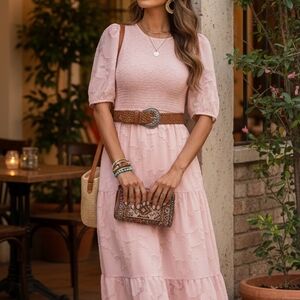 Chic Blush Midi Dress with Smocked Bodice